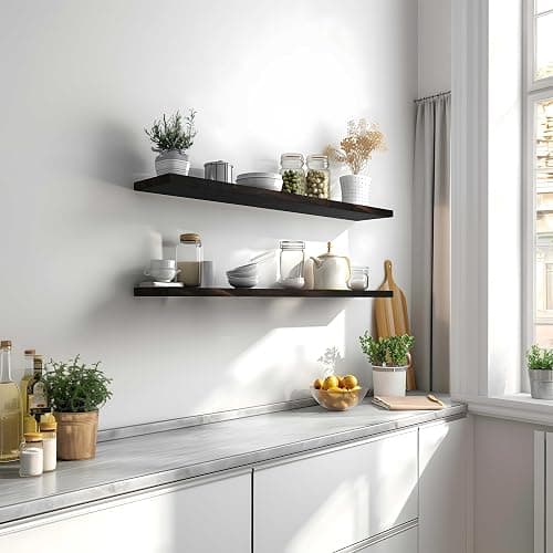 YYWUOJJ Wood Floating Shelves for Wall Decor, Rustic Wall Shelves for Bedroom Bathroom Kitchen Living Room, Set of 4 Walnut 48 Inch thumbnail 3