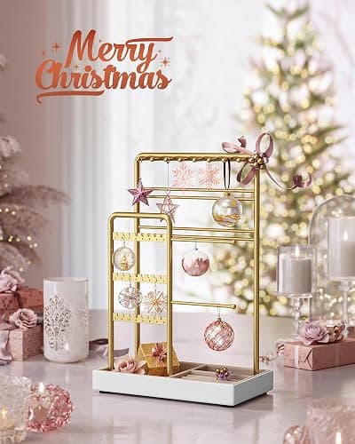 SONGMICS Jewelry Holder, Jewelry Organizer, Jewelry Display Stand with Metal Frame, Velvet Tray, Necklace Earring Bracelet Holder, for Studs, Rings, Christmas Gift, Pale Gold UJJS021A01 thumbnail 2