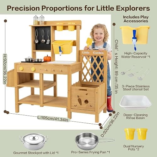 Wooden Mud Kitchen for Kids, Outdoor Play Kitchen with Real Running Water Sink, Mud Table, Gravity Water Tank, Planting Box, Critter Observation Box, 12-Pc Accessory Kit, Toddler Gift, Age 3+ thumbnail 2