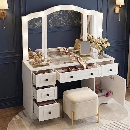 FUSUNBAO White Lighted Vanity Desk, Tri-Fold Mirror, 5 Drawers, Outlets | Retro Dressing Table with Lights, 5-Drawer Vanity Desk for Women & Girls, Vintage with Glass Top,Hair dryer holder thumbnail 4