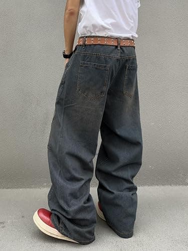 DFGIGT Men's Irregular Sutures Y2k Hip Hop Baggy Jeans Wide Leg Denim Pants Casual Loose Fit Trousers Streetwear thumbnail 5