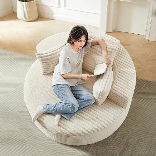 55"W Oversized Round Chair Lounge Chaise Indoor, Corduroy Upholstered Comfy Large Circle ArmChair, Modern Fluffy Deep Seat Cloud Sofa Chair Sleeper Sofa Bed for Living Room, Bedroom Apartment, Beige thumbnail 3
