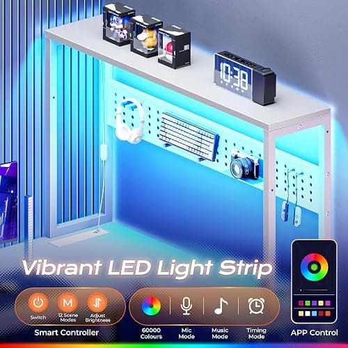 PRAISUN L Shaped Gaming Desk with LED Lights & Power Outlets | Reversible Computer Desk with Storage Shelves & Bag, Large Corner Home Office Desk with Pegboard for Work from Home, White thumbnail 4