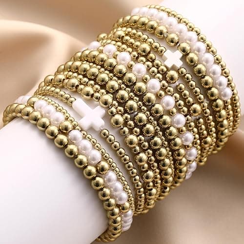 Pls Back 16 PCS Gold Bead Pearl Bracelet for Women, Gold Plated Beaded Strand Bead Ball Bracelets stack Adjustable Jewelry Set for Gifts thumbnail 7