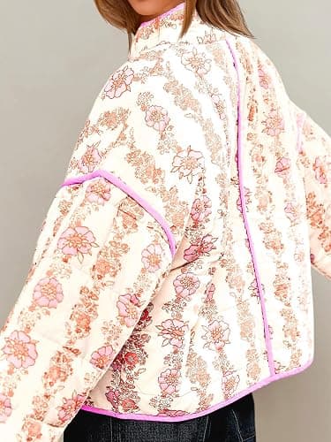 Tankaneo Womens Quilted Lightweight Jackets Floral Print Winter Coats Open Front Cardigan with Pockets thumbnail 4