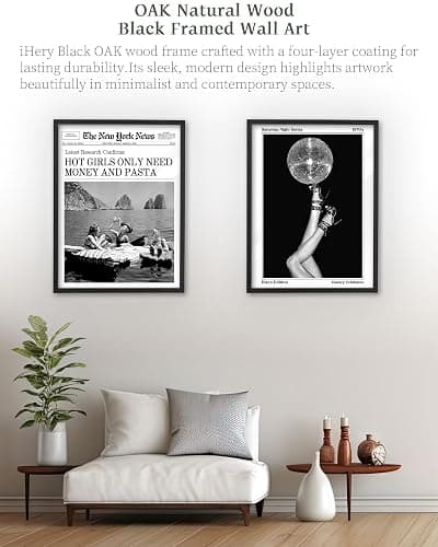 iHery 12x16in Natural Black OAK Wood Trendy Newspaper Framed Wall Art, Modern Hot Girls Only Need Money And Pasta Canvas Wall Decor For Girly Dorm Bedroom Living Room 1Pack thumbnail 7