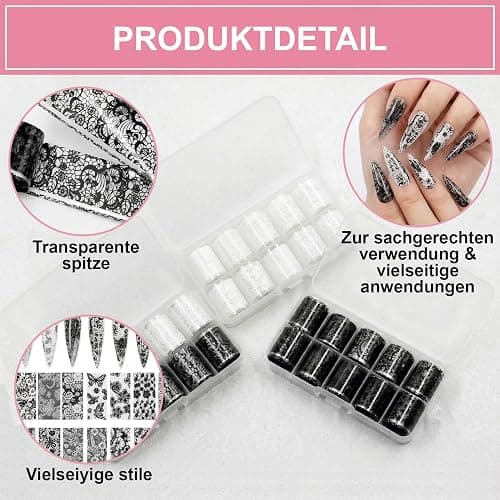 DASHUI 30 Rollen Schwarz-Weiße Spitze Transferfolie Nagelaufkleber Set – Lace Blumen Nail Art Folie für Nägel, Wraps Kit mit 15 schwarzen & 15 weißen Rollen thumbnail 4