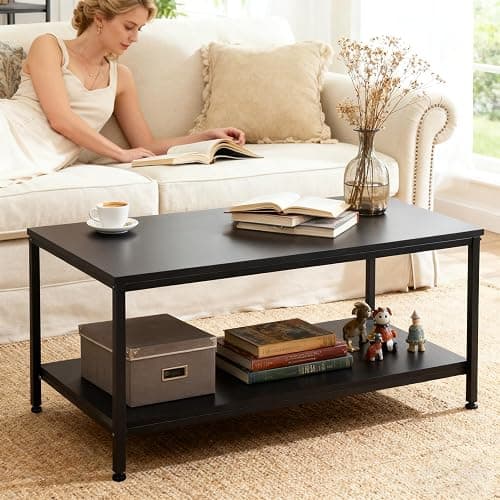 SUPER DEAL 2-Tier Coffee Table with Storage Shelf for Small Apartment Living Room, Rectangle Wood and Stable Metal TV Stand Side End Table, Black thumbnail 8