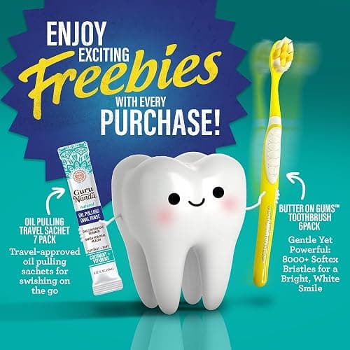 GuruNanda Total Smile Makeover Kit Regular with Cocomint Oil Pulling, Dual Barrel Whitening Mouthwash, Whitening Strips & Butter on Gums Toothbrushes thumbnail 6