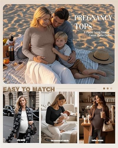 Oakgarden 4 Pack Women's Ribbed Maternity Shirts, Scoop Neck Long Sleeve Knit Pregnancy Tops Slim Basic Tee Clothes thumbnail 5