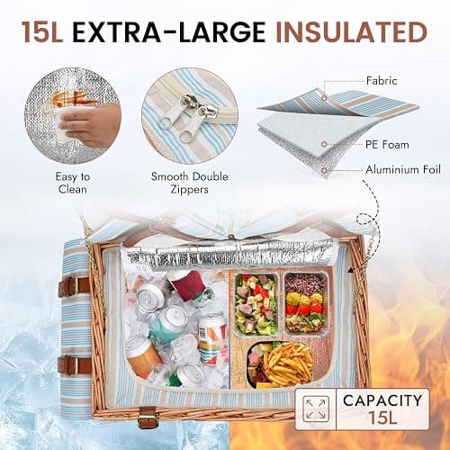 HappyPicnic Ensemble de Panier de Pique-Nique en Osier pour 4 Personnes | Grand Panier en Saule avec Grand Compartiment Isotherme isolé, Tapis de Pique-Nique imperméable Gratuit et kit de Service thumbnail 4