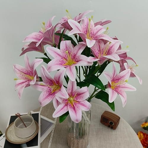 ARTIFIPLANT Light Purple Lillies Artificial Flowers, 6 Pcs Faux Lily Flowers,23 Inch Long Stem Tiger Lily Branch with 3 Full Blooms and 4 Leaves, Latex Real Touch Lilium Flower for Wedding Bouquet thumbnail 5