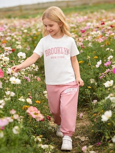 Jolyshlid Girls 4 Pieces Outfits Short Sleeve Printed Tee Tops and Pants Set 4-12Y thumbnail 3