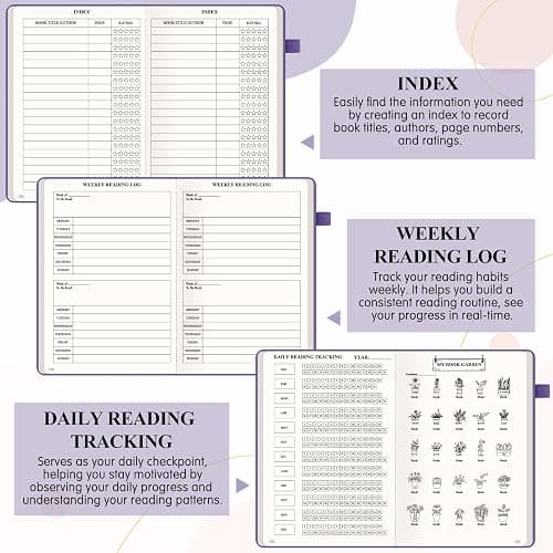 AKONEGE Reading Journal for Book Tracking - PU Leather Book Journal Reading Log with 80 Reviews for Readers, Accessories with Sticky Tabs, Pen Holder, Ribbon Bookmarks, 5.6" x 8.3", Purple thumbnail 4