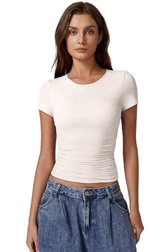 QINSEN Short Sleeve Shirts for Women Round Neck Basic Double Lined Tees Fitted Y2k Crop Tops thumbnail 3