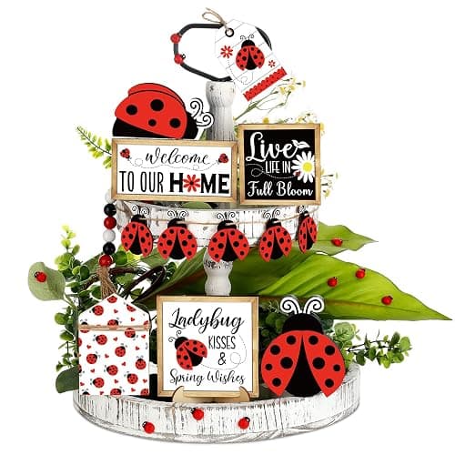 20 Pcs Ladybug Tiered Tray Decorations Spring Ladybug Wooden Blocks Sign Farmhouse Decorative Trays Red Ladybird Table Top Decor for Spring Decorations Home Kitchen Shelf Display Holiday Housewarming - Image 1