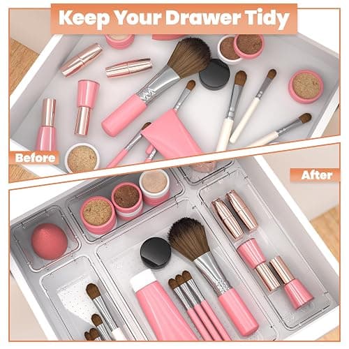 KICHLY 25 Pack Clear Plastic Desk Supplies Organizer, 4 Sizes Desk Drawer Organizer for Office Supplies, Vanity Organizers, Makeup, Gadgets, & Jewelry Storage Bins thumbnail 6