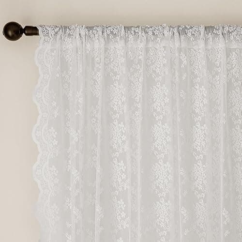 Anmao Vintage White Lace Curtains 45 Inches Long 2 Panels Set, Romantic Elegant Light Filtering Semi Sheer Floral Thick Lacy Curtain Drapes for Living Room and Bedroom, Each Panel 55W x 45L, Off White thumbnail 6