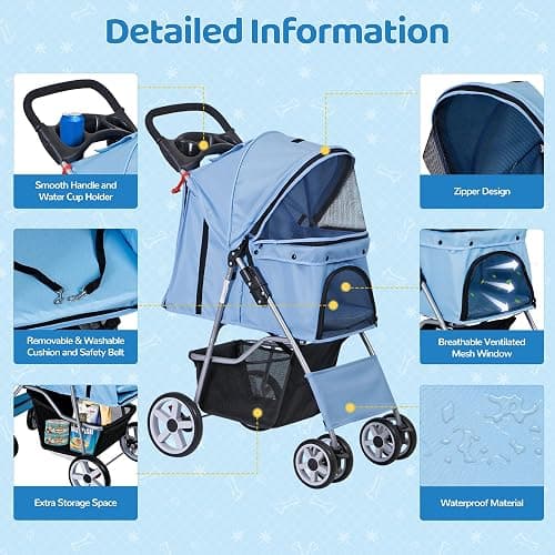 ZENY Foldable Pet Stroller, Cat/Dog Stroller with 4 Wheel, Pet Travel Carrier Strolling Cart with Storage Basket, Cup Holder (Blue) thumbnail 6