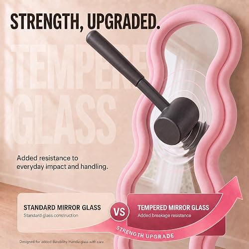 BOJOY Full Length Mirror 63"x24", Irregular Wavy Mirrors, Wave Arched Floor Mirror, Wall Mirror Standing Hanging or Leaning Against Wall for Bedroom, Flannel Wrapped Wooden Frame Mirror-Pink thumbnail 7