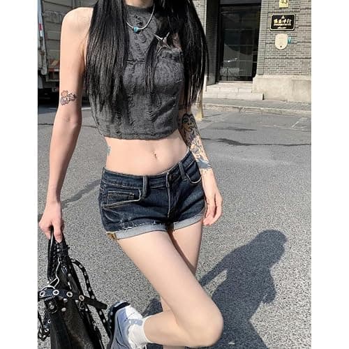 Baitang Gym Shorts for Women Women's Low Tight Curled Denim Shorts Summer Girl Street Casual Hip Wrap Mini Shorts Female thumbnail 3