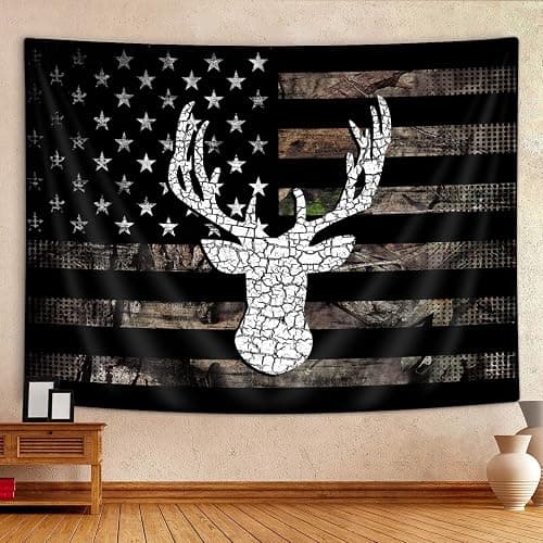 VEIGIKE American Flag Hunting Tapestry, Western Black and White Country Deer Tapestry Wall Hanging for Men Bedroom Room, Rustic Camo Tapestries Poster Blanket College Dorm Home Decor 60X40 Inches thumbnail 2