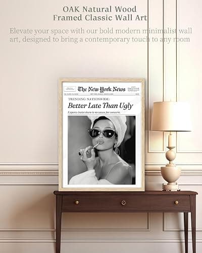 iHery Natural OAK Wood Audrey Hepburn Newspaper Trendy Framed Wall Art, 12x16 in Vintage Headline Canvas Bedroom Wall Decor, Better Late Than Ugly,Bathroom Artwork Apartment Girly Dorm Room 1Pack thumbnail 2