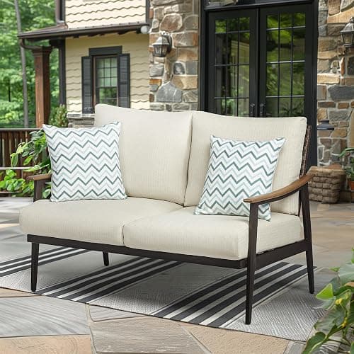 NATURAL EXPRESSIONS Patio Loveseat Sofa Outdoor Furniture Metal Chair with Wicker Backrest & 6 Inches Cushion for Indoor, Front Porch, Deck, Balcony, Backyard, 51.77"(L) x 29.75"(W) x 33.86"(H). - Image 1