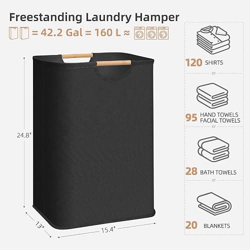 STORAGE MANIAC 2-Pack Large Laundry Hamper, 80L (21.1 Gal) Collapsible Laundry Basket with Bamboo Handles, Freestanding Waterproof Clothes Hamper for Laundry Room, Bedroom, Dorm, Towels, Toys, Black thumbnail 3
