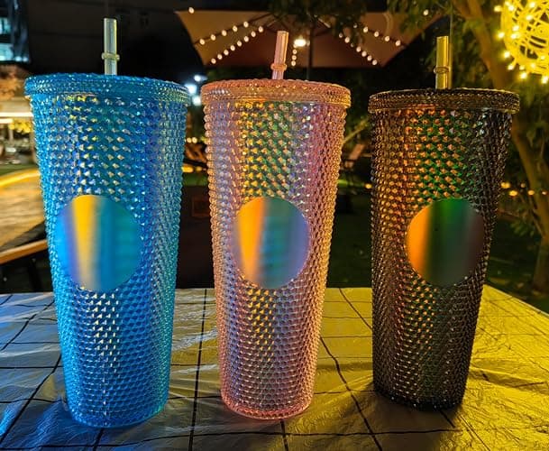 Studded Tumbler With Straw Tumblers With Lids And Straws Pink Tumbler With Straw Textured Cup BPA-Free Double-Wall Plastic Tumblers for Iced Coffee Cold Drinks or Water 24 Oz thumbnail 4