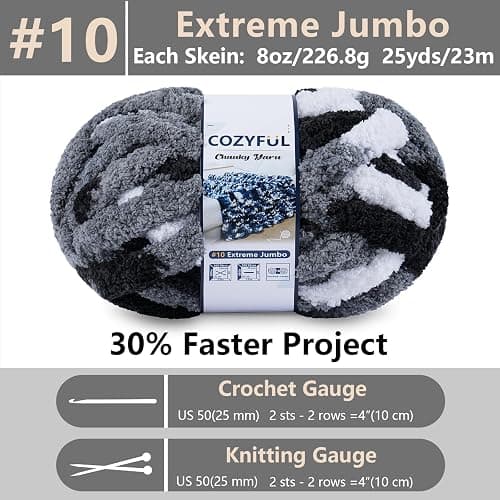 Cozyful Chunky Yarn for Hand Knitting - #10 Chunky Chenille Blanket Yarn, Jumbo Big Thick Chunky Yarns for Crocheting, Tie Dye Bulky Knit Yarns, 8 Skein (25 yds 8 oz Each Skein), Black & Grey & White thumbnail 3