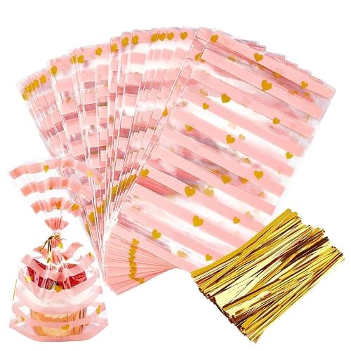 JOERSH 100 Pack Pink Cellophane Treat Bags 8.1" x 5" Bottom Gusset Pink Plastic Candy Bags with Twist Ties for Valentine, Birthday, Gift Goodie Cookie Snack Party Favor Supplies - Image 1