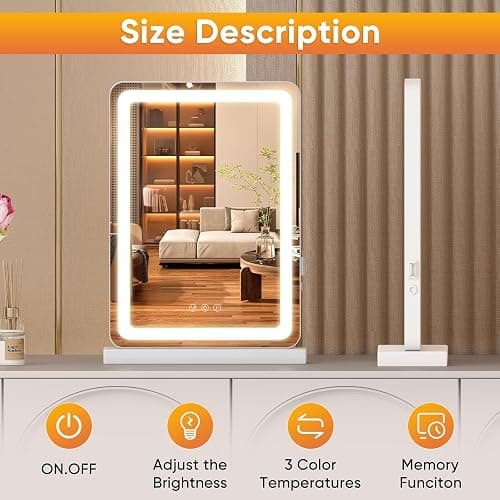 Sweetcrispy 17"x13" LED Vanity Mirror with Lights, Dimmable 3 Color Modes Makeup Mirror with Memory Function, USB Charging, Aluminum Frame, Lighted Mirror for Desk or Bedroom thumbnail 2