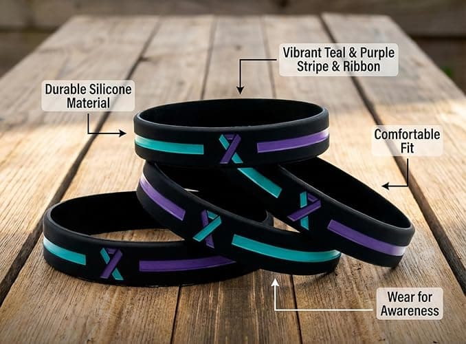 Giftphoria Teal and Purple Awareness Ribbon Wristbands (6-pack) - Silicone Rubber Support Bracelets for Suicide Prevention and Sexual Assault Awareness - Unisex Size for Men and Women thumbnail 5