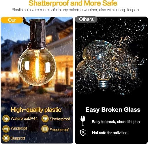 RTTY Outdoor String Lights 25ft, G40 Led Patio Globe Lights with 13pcs Plastic Bulbs, Shatterproof Waterproof Connectable Hanging for Porch Cafe Bistro Backyard Gazebo Balcony Party - 25FT thumbnail 4