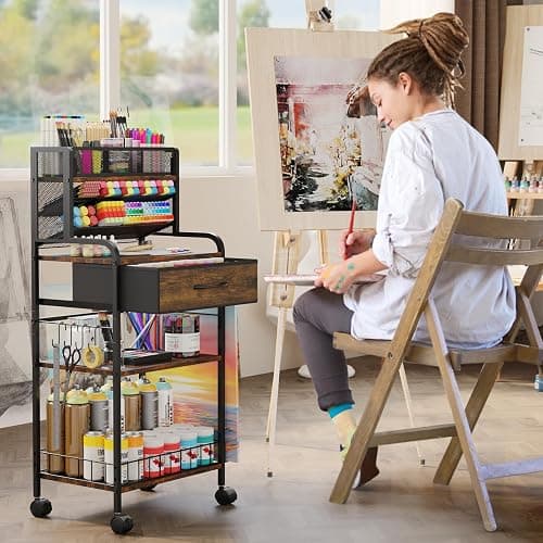 Homsorout Art cart, 3 Tier Rolling Cart - Utility Cart with Storage Drawer and Wheels, Versatile Art & Craft Organizer for Home, Office, or Studio Ideal for Storing Brushes, Paints （Brown） thumbnail 2