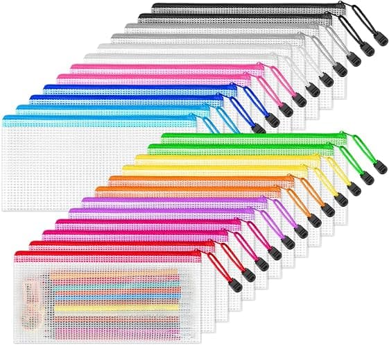 24 Pack Pencil Pouch Bulk, 9.5" x 4.5" Mesh Zipper Pouch, 12 Colors | Small Clear Zipper Pouch Pencil Case for Supplies Storage, Travel, Cash, Cosmetics, Office with Translucent Waterproof PVC - Image 1