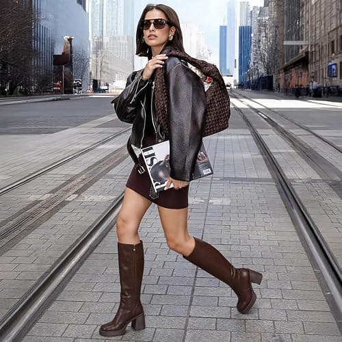 Choiran Black Knee High Boots for Women - Wide Calf Platform Tall Boots Square Toe Chunky Block Heeled Gogo Boots thumbnail 2