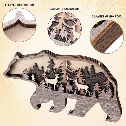 Honoson Forest Animal Rustic Wall Art Decor Wooden Farmhouse Wall Decoration Wooden Animal Decor Wood Forest and Mountain Ornaments for Cabin Bedroom Living Room Decor(Brown,Bear Style) thumbnail 3