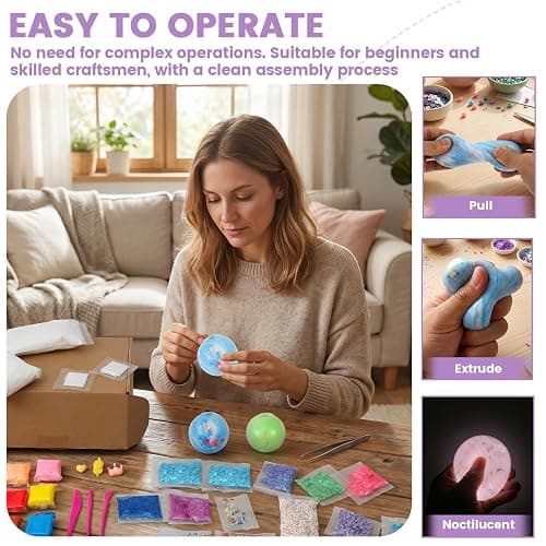 DIY Stress Ball Making Kit, Easy DIY- 9 TPR Skins, 12 Colors Light Clay, Round Building Blocks Complete Squishy Maker Kit with Various Fillers, Handmade Squishy Stress Balls for Adult Office & Anxiety thumbnail 4