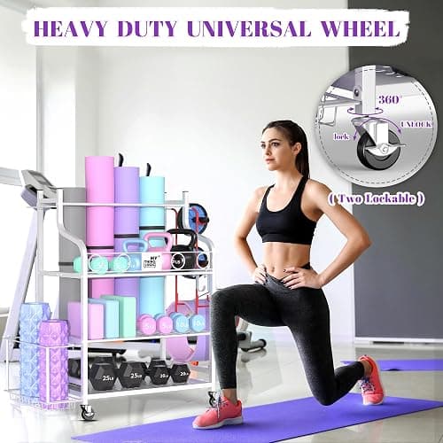 Mythinglogic Yoga Mat Storage Racks,Home Gym Storage Rack for Dumbbells Kettlebells Foam Roller, Yoga Strap and Resistance Bands, Workout Equipment Storage Organizer With Hooks and Wheels thumbnail 6