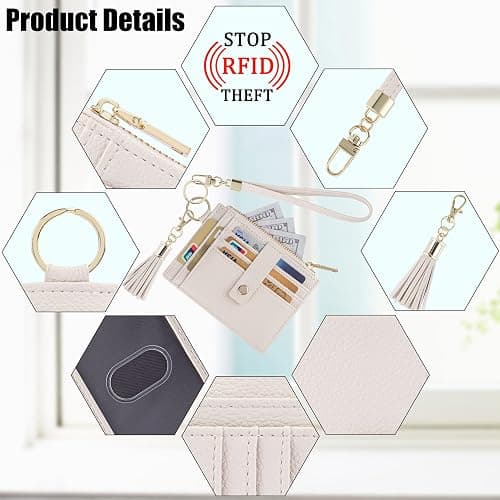 New Fashion Kingdom Wristlet Keychain Wallet for Women Slim Rfid Blocking Credit Card Holder Wristlet Zip Id Case Wallet Small Compact Leather Wallet Coin Purse for Women (Beige) thumbnail 3