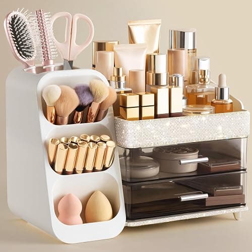 HBlife Makeup Organizer with Brush Holder for Vanity, Large Plastic Bathroom Countertop Organizer Skin Care Storage, Easy to Store Lipsticks, Nail Polishes, Perfumes, Eyeshadow Palettes, Pearl White - Image 1