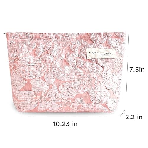 Sminra Makeup Bag Cosmetic bag Preppy Canvas Toiletry Bag for women Cute zipper pouch Organizer Travel accessories (Pink Big Flowers, Large) - Large - Pink Big Flowers thumbnail 3