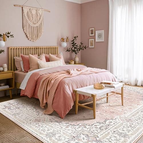 Brakki Pink 5x7 Area Rugs for Living Room, Washable Vintage Boho Rug Non Slip for Bedroom Kitchen Office, Low Pile Soft Stain Resistant Carpet Floor Indoor Laundry Dining Room thumbnail 2