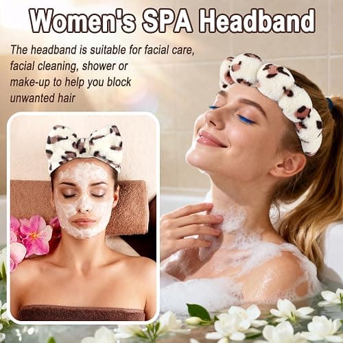 Zkptops 6Pcs Spa Headband for Washing Face Wristbands Set Women Bubble Makeup Sponge Plush Padded Puffy Skincare Headband Bow Tie Hairband Cute Non Slip Thick Hair Accessory Gifts(Beige Leopard) thumbnail 7