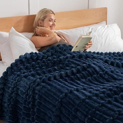 Exclusivo Mezcla Fleece Throw Blanket for Couch, Super Soft Striped Jacquard Bed Blanket, Lightweight Fuzzy Cozy for All Seasons, 50x60 Inches, Navy Blue thumbnail 5
