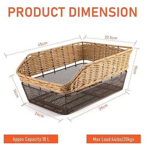 CXWXC Rear Bike Basket - Large Bicycle Rear Basket with Cargo Net and Waterproof Cover, Hand-Woven Baskets Rear Large Capacity thumbnail 3