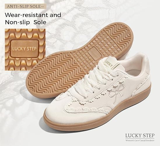 LUCKY STEP Women's Lace Detail Sneakers Organza Ribbon | Casual Cute Shoes Lace-Up Gum Sole Vintage Trendy Fashion Tennis Shoes thumbnail 7