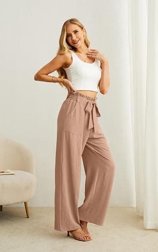 IWOLLENCE Women High Waist Palazzo Pants, Adjustable Knot Ankle Wide Leg Trousers Pockets Beach Vacation Lounge Office thumbnail 5